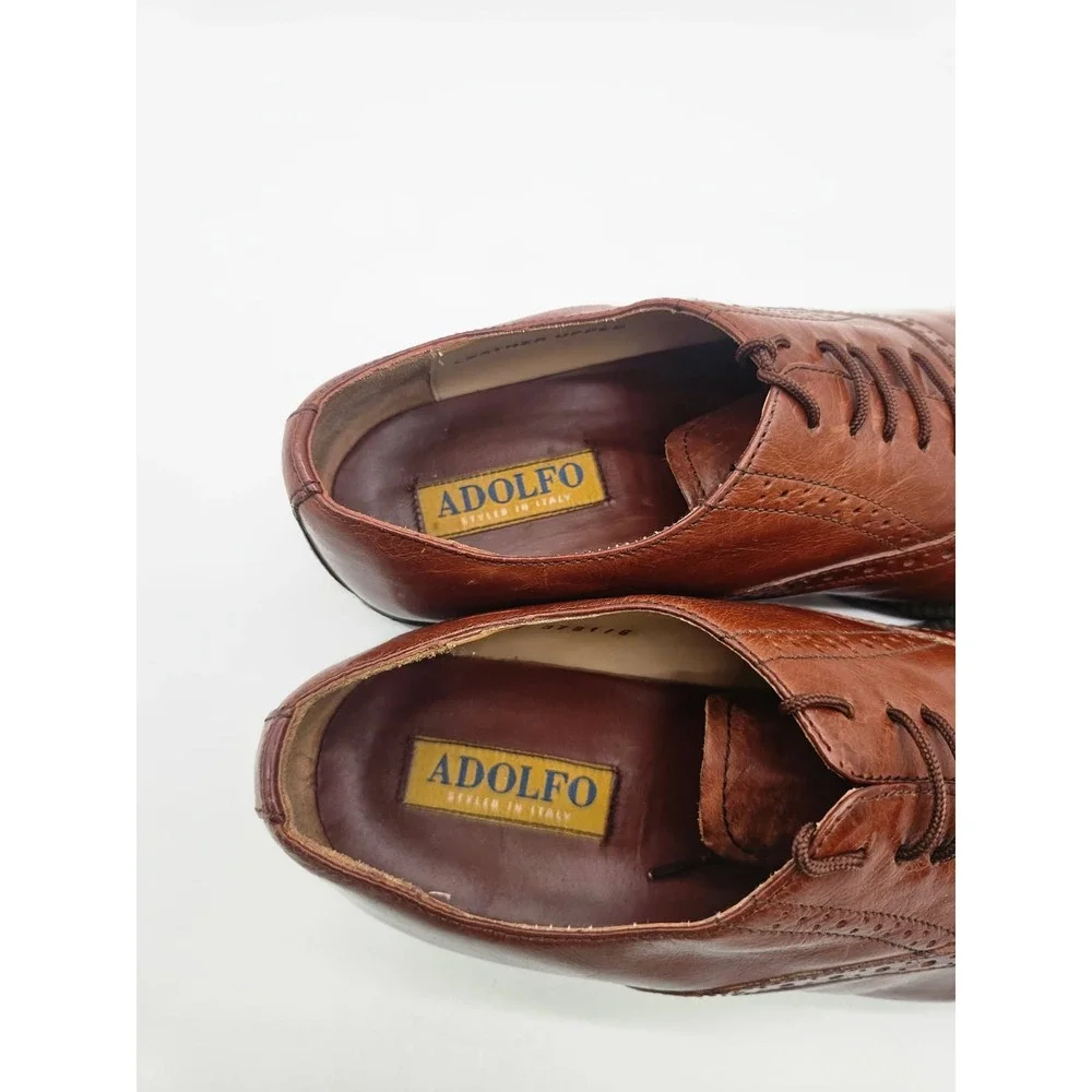 Adolfo Oxford Shoes Men's 9 W Brown Leather Hand Made Italy Brogue Medallion Toe